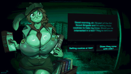 accessory anthro barely_contained barely_contained_breasts big_breasts box breasts cleavage clothed clothing container eyewear female female_anthro fur glasses glistening glistening_body glistening_breasts glistening_eyes glistening_fur head_tilt huge_breasts pin_accessory raised_tail smile solo standing tail text galacticmichi no_i'm_not_a_human katrina_fowler domestic_cat felid feline felis mammal 16:9 2025 english_text hi_res widescreen