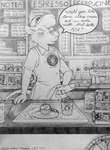 anthro apron balls bedroom_eyes beverage blush bodily_fluids clothed clothing coffee dialogue food fur genital_fluids genitals hair hat headgear headwear holding_penis male muffin narrowed_eyes penis precum seductive solo text germainethevixen starbucks jublenarris mammal murid murine rat rodent 2020 english_text greyscale hi_res monochrome sketch