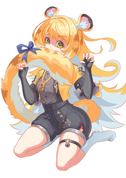 5_fingers animal_ears belt black_clothing blonde_hair clothed clothed_female clothed_humanoid clothing female female_humanoid fingers fluffy footwear front_view green_eyes hair jacket kneeling kneeling_on_ground looking_at_viewer open_clothing open_jacket open_topwear orange_hair socks solo striped_hair tail tail_in_mouth topwear white_hair hoavu mihoyo zenless_zone_zero ju_fufu animal_humanoid felid felid_humanoid humanoid mammal mammal_humanoid pantherine pantherine_humanoid thiren tiger_humanoid 2025 full-length_portrait hi_res portrait