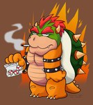 armband belly cigarette drug_dealer drugs frown hair horn humor looking_at_viewer male red_hair shell smoking solo spiked_armband spikes fatdanwich grizzlybearon mario_bros nintendo bowser koopa scalie artist_collaboration hi_res