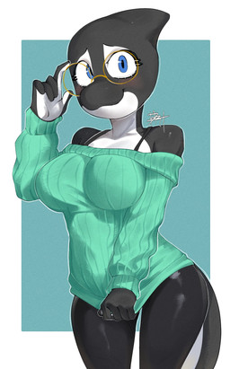 :3 anthro black_body blue_eyes bra breasts clothing eyelashes eyewear female glasses green_clothing green_sweater green_topwear looking_at_viewer multicolored_body simple_background smile smiling_at_viewer solo sweater tail topwear two_tone_body underwear white_body drt_l0l aquatic cetacean dolphin mammal oceanic_dolphin orca toothed_whale hi_res