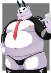 anthro barely_visible_genitalia barely_visible_penis belly big_belly black_nose blush bulge genitals humanoid_hands kemono male moobs navel necktie nipples overweight overweight_male penis simple_background solo white_body 9dtq0 bear mammal polar_bear ursine 2024 absurd_res hi_res