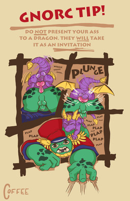 anal anal_penetration anthro balls clothed clothing duo eyes_closed feral from_behind_position front_view genitals green_body knot knotted_penis larger_penetrated larger_sub male male/male mounting partially_clothed penetration penis plap purple_body questionable_consent rear_view scared_eyes sex size_difference sound_effects submissive tail text wings coffee_(artist) coffeebynight activision european_mythology mythology spyro_the_dragon spyro dragon gnorc mythological_creature mythological_scalie scalie western_dragon absurd_res comic hi_res