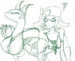 big_breasts blush breast_envy breasts cleavage clothed clothing dress duo eyewear female glasses unknown_artist nintendo pokemon bianca_(pokemon) generation_5_pokemon human mammal pokemon_(species) serperior green_and_white monochrome