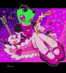 3_fingers antennae_(anatomy) anthro arrow_(weapon) bow_(weapon) bow_tie clothed clothing crossdressing dress femboy fingers footwear gradient_eyes green_body green_skin heart_symbol horn leggings legs_together legwear male pink_bow_tie pink_clothing pink_footwear pink_shoes ranged_weapon shoes small_horn smile solo spade_tail tail teeth text weapon siansa invader_zim nickelodeon zim_(invader_zim) alien alien_humanoid humanoid irken artist_name digital_media_(artwork) signature