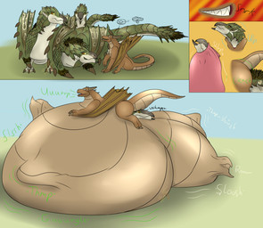 2_toes 3_toes anal anal_vore balls belly big_balls big_belly brown_claws brown_horn claws cock_vore day feet female female_prey feral genitals green_body grey_eyes group horn huge_balls huge_belly hyper hyper_balls hyper_belly hyper_genitalia imminent_death larger_female male male_pred multi_prey multicolored_body non-mammal_balls oral_vore outside penile penis pink_penis sharp_teeth size_difference smaller_male smaller_pred tail tan_balls tan_body teeth toes vore wings yellow_eyes ingeir_palar capcom european_mythology monster_hunter mythology dragon mythological_creature mythological_scalie rath_wyvern rathian scalie western_dragon wyvern hi_res story story_in_description