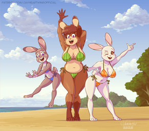 anthro beach belly big_breasts bikini bikini_bottom bikini_top breasts brown_body brown_fur brown_hair buckteeth clothing cloud female fur grey_body grey_fur group hair looking_at_viewer multicolored_body multicolored_fur navel one_eye_closed open_mouth plant purple_eyes sand seaside side-tie_bikini sky slightly_chubby string_bikini swimwear teeth tree trio two-piece_swimsuit two_tone_body two_tone_fur water wink winking_at_viewer jayheartwing beastars city_feathers disney zootopia haru_(beastars) judy_hopps ria_(sammfeatblueheart) domestic_rabbit dwarf_rabbit european_rabbit lagomorph leporid mammal netherland_dwarf_rabbit oryctolagus rabbit 2025 crossover digital_media_(artwork) hi_res