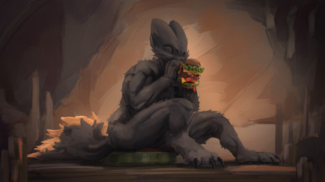 3_toes 4_fingers ambiguous_gender anthro big_ears big_tail biped black_body black_fur black_nose black_tail burger burger_bun cave cheese cheese_singles claws dairy_products digitigrade dim_lighting dipstick_tail dripping eating eating_food explosive_mines explosives eyes_closed feet fingers fluffy fluffy_tail food fruit fur holding_burger holding_food holding_object humanoid_hands imminent_death inside ketchup markings meat messy messy_eater muscular muscular_anthro orange_tail plant salad short_snout sitting solo tail tail_markings toes tomato year apelairplane casualties:_unknown canid canine expie_(gunsawian) gunsawian hybrid mammal murid murine rat rodent 16:9 2025 digital_drawing_(artwork) digital_media_(artwork) hi_res shaded signature wallpaper watermark widescreen