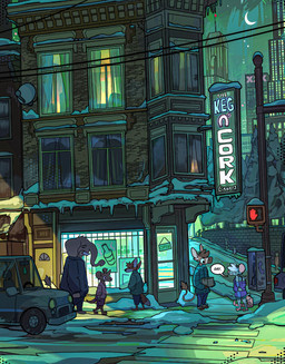 anthro apartment barefoot biped bottomwear box brown_body brown_fur brown_hair building car city city_background clothed clothed_anthro clothed_male clothing container crosswalk detailed_background dialogue dipstick_tail door eyes_closed feet fur green_clothing green_jacket green_topwear grey_body group hair hand_in_pocket holding_box holding_container holding_object horn jacket liquor_store looking_at_another male markings modern_architecture moon neo-classical_architecture night open_clothing open_jacket open_topwear orange_body orange_fur outside phone_booth pockets purple_clothing purple_jacket purple_topwear satellite_dish short_hair shorts sign skyscraper smile snow speech_bubble standing tail tail_markings talking_to_another text topwear urban vehicle walking white_body white_fur wide_eyed window winter jacato little_trees kendrick_(jacato) american_opossum asinus canid canine donkey elephant elephantid equid equine fox mammal marsupial proboscidean 2024 colored english_description english_text hi_res shaded