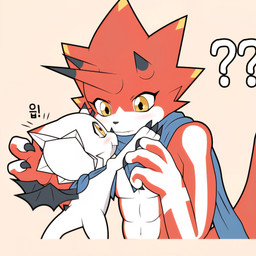 abs anthro blush duo eye_contact horn kerchief looking_at_another male neckerchief neckwear red_body scarf size_difference white_body tmdduq6918 bandai_namco digimon digimon_ghost_game betelgammamon digimon_(species) gammamon scalie 1:1 hi_res brother_(lore) brothers_(lore) sibling_(lore)