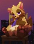 :3 anthro blush blush_lines brown_body brown_fur chair fur furniture head_tuft male mostly_nude multicolored_body multicolored_fur necktie necktie_only pawpads paws purple_eyes sitting slightly_chubby smile solo tail tuft tufted_fur young tsukio21 absurd_res hi_res