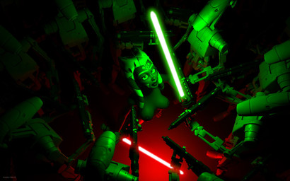 breasts female green_lightsaber group lekku_(anatomy) lightsaber machine melee_weapon nipples not_furry red_lightsaber sword weapon kondas_peter star_wars ahsoka_tano alien alien_humanoid b1_battle_droid battle_droid humanoid robot togruta 16:10 3d_(artwork) digital_media_(artwork) hi_res restricted_palette widescreen