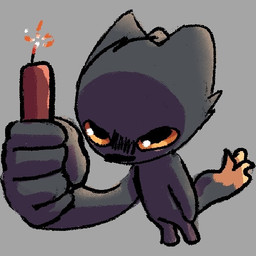 5_fingers ambiguous_gender angry anthro big_hands black_nose dipstick_tail dynamite explosives fingers fur grey_background grey_body grey_fur holding_dynamite holding_explosives holding_object looking_up markings orange_sclera orange_tail_tip simple_background solo standing tail tail_markings toony wickflix casualties:_unknown canid expie_(gunsawian) gunsawian hybrid mammal 1:1 2025 low_res