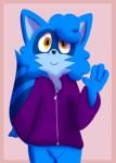 anthro blue_body blue_fur clothing fur gesture hoodie male orange_eyes solo topwear waving glomiagui felix_(dqwntqwn) mammal procyonid raccoon