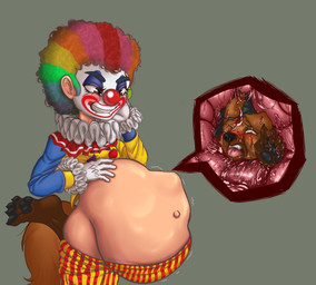 anal anal_vore anthro birthday birthday_sex bloated clown clown_costume clown_makeup clown_nose clownzee_(masculine) duo eager human_pred living_insertion_play male male/male male_pred predator/prey sex smirking_at_partner squirming vore willing_prey katatau jonax_brown-fox canid canine fox human living_toy mammal absurd_res hi_res