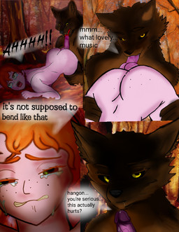 abuse abused anthro anthro_dominating_human blowjob_from_behind butt cock_and_ball_torture dominant dominant_anthro dominant_female duo female female_anthro freckled_butt freckled_face freckled_shoulders freckles genital_torture human_on_anthro interspecies larger_female male male/female questionable_consent scratches size_difference smaller_human submissive submissive_human submissive_male text wolfgroove canid canine canis human mammal wolf comic english_text hi_res