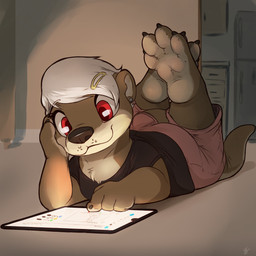4_fingers 4_toes accessory anthro arm_support barefoot black_nose brown_body brown_fur calves_up chest_tuft clothed clothing countershade_feet countershading crossed_feet detailed_background ear_piercing feet feet_up female fingers fully_clothed fur hair hair_accessory hairclip inside leaning_on_elbow light lying on_front paws piercing red_eyes semi-anthro shirt smile soles solo tablet_computer tail the_pose toes topwear tuft white_hair louart mammal mustelid otter 1:1 2021 absurd_res dated hi_res lighting shaded signature