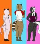 anthro anthrofied big_butt black_body black_fur bottomless breasts brown_body brown_fur butt clothed clothing crossgender drawing electronics female fur group phone simple_background white_body white_fur oystercatcher7 dreamworks over_the_hedge heather_(over_the_hedge) rj_(over_the_hedge) stella_(over_the_hedge) american_opossum mammal marsupial mephitid procyonid raccoon skunk striped_skunk virginia_opossum hi_res