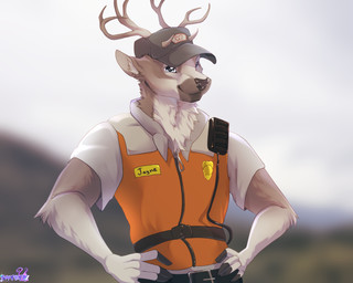 2_horns anthro antlers belt black_nose brown_body brown_fur clothing electronics fluffy fur hair head_horn horn looking_at_viewer male milk mountain outside sky smile solo topwear vest walkie-talkie white_body white_fur shyryp jayne_doe cervine deer mammal 5:4 absurd_res digital_media_(artwork) hi_res