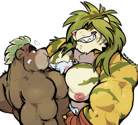 anthro anthro_on_anthro areola barazoku green_hair group hair larger_male long_hair male male/male muscular muscular_male nipples pec_smothering pecs pinned sandwiched size_difference smaller_male smothering trio haps lifewonders tokyo_afterschool_summoners anon ashigara_(tas) macan_(tas) bear felid mammal pantherine tiger hi_res