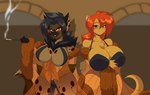 anthro big_breasts bra breasts cigarette clothing duo female lingerie looking_at_viewer male male/female robe smile smiling_at_viewer smoke underwear mastergodai dreaj1 charo_corduroy mrs._amp_(mramp) domestic_cat felid feline felis hyena mammal spotted_hyena