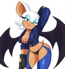 anthro breasts cleavage clothed clothing collarbone cosplay crop_top eyelashes female glistening glistening_body glistening_breasts green_eyes hand_behind_head hand_on_leg hand_on_thigh membrane_(anatomy) membranous_wings navel panties shirt smile solo tan_body topwear underwear wings back_to_zero king_of_fighters sega sonic_the_hedgehog_(series) angel_(king_of_fighters) rouge_the_bat bat mammal 2025 hi_res