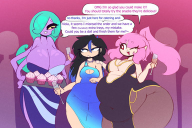 anthro belly big_belly big_breasts bottom_heavy breasts cleavage_cutout clothing cupcake cutout dialogue dress female food group hair huge_breasts huge_thighs humanoid_pointy_ears obese obese_female obese_humanoid one_eye_closed overweight overweight_female overweight_humanoid pointy_ears ponytail red_eyes speech_bubble text thick_thighs trio weight_gain wide_hips wink mysterydad elise_(mysterydad) karen_(mysterydad) viola_(mysterydad) aquatic cephalopod coleoid decapodiform human humanoid mammal mollusk squid vampire english_text hi_res