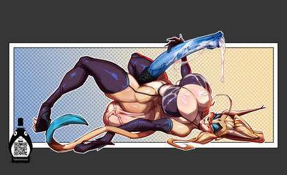 animal_genitalia animal_penis anthro armwear balls big_balls big_breasts big_penis blonde_hair blue_eyeshadow blue_penis blush bodily_fluids bra breasts cleavage clothed clothing cum elbow_gloves equine_genitalia equine_penis eyeshadow genital_fluids genitals gloves gynomorph hair handwear huge_balls huge_penis hyper hyper_balls hyper_genitalia intersex legwear lying makeup on_back penis qr_code small_waist solo stockings thick_thighs underwear wide_hips white-devil cherise_mercier caracal caracal_(genus) felid feline mammal hi_res