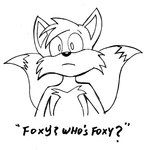 anthro biped dialogue fur hair looking_at_viewer male multi_tail short_hair solo tail text young young_anthro reddragonkan five_nights_at_freddy's scottgames sega sonic_the_hedgehog_(series) miles_prower canid canine fox mammal english_text monochrome traditional_media_(artwork)