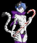 anthro black_penis blue_eyes blue_hair blush bodily_fluids bulge candy candy_cane clothing dessert erection femboy food food_fetish food_play foreskin fur genital_fluids genitals hair humanoid_genitalia humanoid_penis legwear leucistic looking_at_viewer male nipples partially_retracted_foreskin penile_spines penis precum ribbons simple_background slim solo stockings thong underwear white_body white_fur wide_hips ghostblanketboy felid mammal pantherine tiger hi_res