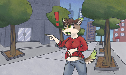 anthro city cityscape clothed clothing exclamation_point female fully_clothed gesture green_eyes green_mouth green_nose green_tongue hand_gesture hand_on_belly pointing pregnant sidewalk sky solo standing tongue razzle_the_red jamie_(mistah_novikov) canid canine canis coyote mammal 5:3 absurd_res hi_res