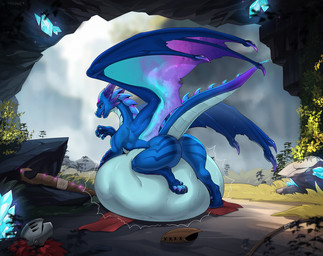 belly big_belly blue_body blue_skin cave crystal feral horn long_tail male purple_horn solo tail vore wings cmitchell mythology dragon mythological_creature mythological_scalie scalie hi_res