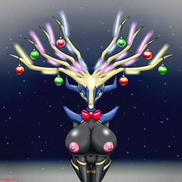 anthro bent_over bow_ribbon christmas_decorations christmas_ornament female holidays looking_at_viewer navel nipples ornament solo chameloshi christmas nintendo pokemon cervine deer generation_6_pokemon legendary_pokemon mammal pokemon_(species) xerneas xerneas_(active_mode) 1:1 hi_res