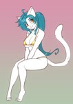 anthro big_breasts bikini breasts clothing female fur gold_bikini gradient_background hair looking_at_viewer simple_background sitting smile smiling_at_viewer solo swimwear teal_hair two-piece_swimsuit white_body white_fur scorpdk domestic_cat felid feline felis mammal hi_res