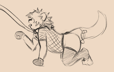 anthro bdsm clothing collar fishnet_clothing fishnet_topwear leash leashed_male legwear male offscreen_character petplay roleplay sex_toy solo thigh_highs tongue tongue_out topwear vibrator rudoesart damien_(rudoesart) mammal mustelid otter