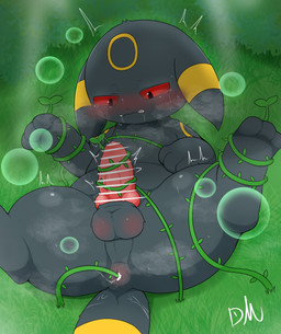 animal_genitalia animal_penis anus ball black_body black_fur feral floppy_ears fur genitals male penis plant red_eyes solo tail tentacles vine_bondage vine_tentacles vines dream_maker810 nintendo pokemon eeveelution generation_2_pokemon pokemon_(species) umbreon absurd_res censored hi_res