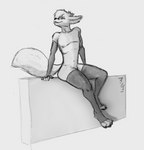 anthro clothing femboy footwear footwear_only leg_warmers legwear male mostly_nude paws smug_face socks socks_only solo mangodrawscsp canid canine fox mammal censored monochrome