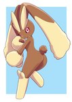 anthro blush brown_body brown_fur butt cotton_tail female fur long_ears multicolored_body multicolored_fur pink_eyes smile solo tail tan_body tan_fur two_tone_body two_tone_fur white_body white_fur unousaya nintendo pokemon generation_4_pokemon lopunny pokemon_(species)