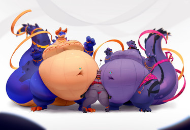 3_toes 4_fingers anklet anthro barefoot belly belly_frottage belly_squish big_belly big_breasts big_tail bikini blue_body blue_scales blue_spikes blue_tail bracelet breasts clothed clothing countershading cracked_ground cracks deep_navel digit_ring enjoying eyes_closed feet female female/female female_anthro finger_ring fingers group heart_reaction horn huge_belly huge_breasts huge_tail jewelry knock-kneed macro morbidly_obese morbidly_obese_anthro morbidly_obese_female multi_nipple navel navel_piercing nipples obese obese_anthro obese_female open_mouth open_smile orange_body orange_countershading orange_horn orange_scales overweight overweight_anthro overweight_female partially_clothed partially_clothed_anthro partially_clothed_female piercing pink_ribbon purple_body purple_scales purple_tail red_bikini red_clothing red_swimwear scales smile snout spiked_tail spikes spikes_(anatomy) squish swimwear tail thick_tail thick_thighs toes topless topless_anthro topless_female trio two-piece_swimsuit ventral_scales miluinaoxie blizzard_entertainment warcraft fernier alligator alligatorid canid crocodile crocodilian mammal reptile scalie werecanid werecreature worgen 2024 character_request hi_res