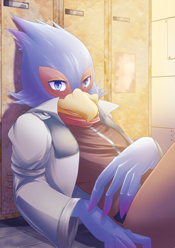 anthro biped blue_body blue_feathers clothed clothing feathers locker locker_room looking_at_viewer male on_ground sitting smile solo kay3o3 nintendo star_fox falco_lombardi avian bird absurd_res hi_res