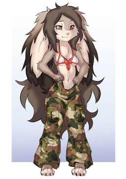 4_toes 5_fingers anthro army_uniform barefoot bikini bikini_top black_hair bottomwear brown_eyes camo camo_bottomwear camo_clothing camo_pants camo_print claws clothed clothing feet female female_anthro fingers floppy_ears fluffy fluffy_ears fluffy_hair freckles fur grey_body grey_fur hair long_ears long_hair lop_ears navel pants pattern_bottomwear pattern_clothing pattern_pants paws shirtless shirtless_anthro shirtless_female smile solo swimwear toe_claws toes two-piece_swimsuit uniform white_body white_fur elronya ronya suvi_(elronya) lagomorph leporid mammal rabbit full-length_portrait portrait