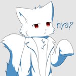 anthro clothing coat fur lab_coat male red_eyes simple_background solo text topwear white_body white_fur zetsuya06 changed_(video_game) dr._k_(changed) canid canine canis mammal wolf hi_res shaded simple_shading