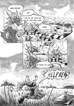 3_eyes ambiguous_gender anthro calling_for_help clothed clothing cloud dialogue dipstick_tail fangs feet flower grass group hair hands_on_hips headgear headwear holding_object in_ground kippah male markings multi_eye nature open_mouth outside pawpads paws plant religion religious_clothing religious_headwear rock scarf sky skyscape speech_bubble stuck_in_ground tail tail_markings teeth teeth_showing text trio keewan british_broadcasting_corporation doctor_who judaism lumaethel other_hethermocking shine_hethermocking aurutejmo auruthemin felid feline mammal monstaur sergal taur comic english_text hi_res monochrome