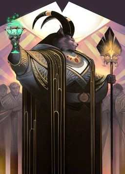 ambiguous_gender anthro art_deco belt biped black_horn ear_tuft green_magic group holding_goblet holding_melee_weapon holding_object holding_polearm holding_spear holding_weapon horn logo magic male melee_weapon polearm profile smile spear standing tuft weapon julie_dillon hasbro magic:_the_gathering wizards_of_the_coast jetmir demon domestic_cat elf felid feline felis humanoid mammal 2022 official_art