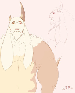 anthro arm_tuft black_sclera floppy_ears front_view fur horn male male_anthro mouth_closed muscular muscular_anthro muscular_male narrowed_eyes navel nude shoulder_tuft side_view simple_background solo tan_body tan_fur tan_horn tuft white_body white_fur yellow_eyes chocolateandmilk bovid caprine goat mammal 2017 4:5 dated hi_res