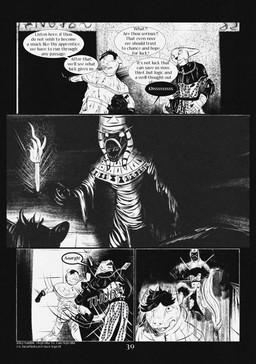 4_panel_comic anthro biped black_eyes black_hair black_nose black_text clothed clothing dialogue empty_eyes exclamation_point fingers gloves glowing glowing_eyes group hair handwear jewelry kick male motion_lines mouth_closed necklace open_mouth page_number question_mark sharp_teeth speech_bubble standing symbol tail talking_to_another teeth text tongue torch trio white_sclera leprzil crocodile crocodilian domestic_cat felid feline felis mammal mummy murid murine oriental_shorthair rat reptile rodent scalie undead 2026 artist_name comic english_text hi_res monochrome