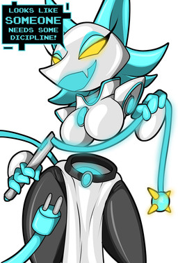 anthro black_body blue_hair breasts eyelashes female floating_hands glowing glowing_eyes hair holding_object holding_whip machine solo text whip white_body yellow_eyes chaoscroc deltarune undertale_(series) tasque_manager darkner felid feline mammal robot 2021 digital_media_(artwork) english_text hi_res