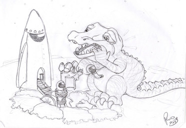 anthro bound featureless_crotch glistening glistening_eyes group holding_another logo macro male narrowed_eyes nude open_mouth rocket sitting standing trio young young_anthro young_male pandapaco alligator alligatorid crocodilian reptile scalie artist_logo monochrome signature sketch
