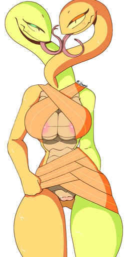 2_heads anthro areola areola_slip big_breasts black_eyes blush blush_lines breasts clothed clothing eyelashes female forked_tongue front_view genitals green_body green_scales long_tongue multi_head no_underwear orange_body orange_clothing orange_scales pink_areola pupils scales simple_background slit_pupils solo tan_body tan_scales thick_thighs tongue tongue_out vulva white_background wide_hips yellow_sclera zhenai adventure_time cartoon_network life_(adventure_time) reptile scalie snake hi_res
