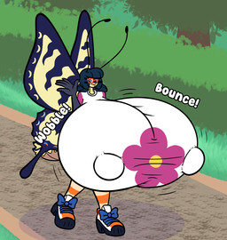 antennae_(anatomy) anthro arthropod_abdomen big_breasts black_hair blue_eyes bouncing_breasts breasts clothing eyewear female footwear gesture glasses hair huge_breasts hyper hyper_breasts insect_wings legwear lepidopteran_wings motion_lines nipple_outline outside pattern_clothing pattern_legwear shirt shoes solo sound_effects stockings striped_clothing striped_legwear stripes topwear walking waving wings yellow_body sprucy arthropod butterfly insect lepidopteran hi_res